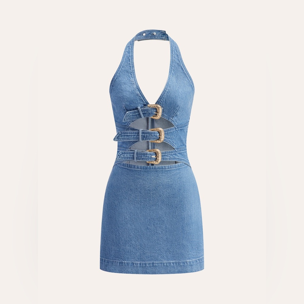 Commense Halter Neck Buckle Detail Denim Dress